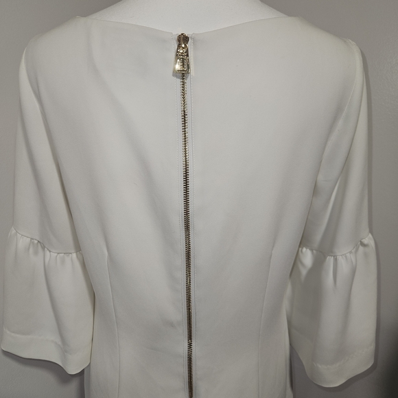 Sail to Sable Elegant Crisp White Bell Sleeve Midi Dress Gold Accents Size 10 - Picture 6 of 9